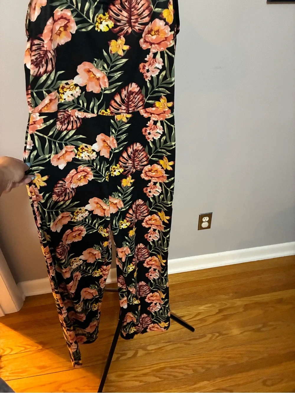 Floral Black Jumpsuit with Pink & Coral Blooms - Picture 4 of 6